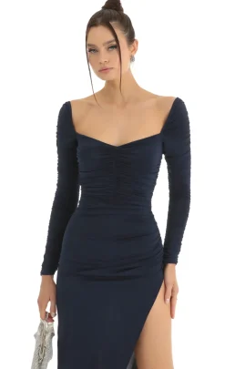 LUCY IN THE SKY Midi Dresses^Ruched Long Sleeve Midi In Dark Blue