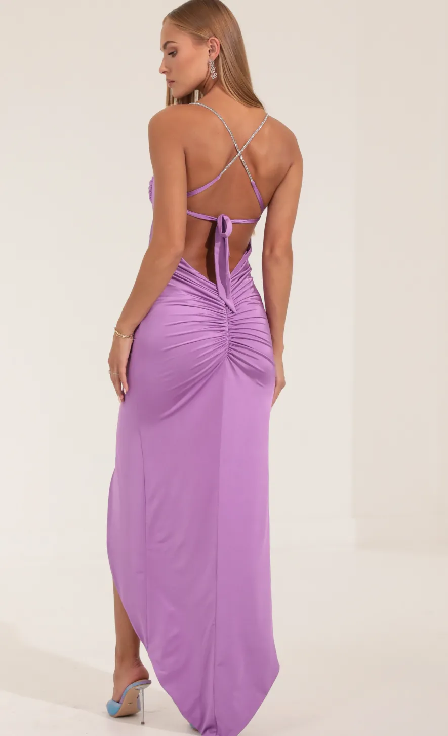 LUCY IN THE SKY Maxi Dresses^Ruched Open Back Maxi Dress In Purple