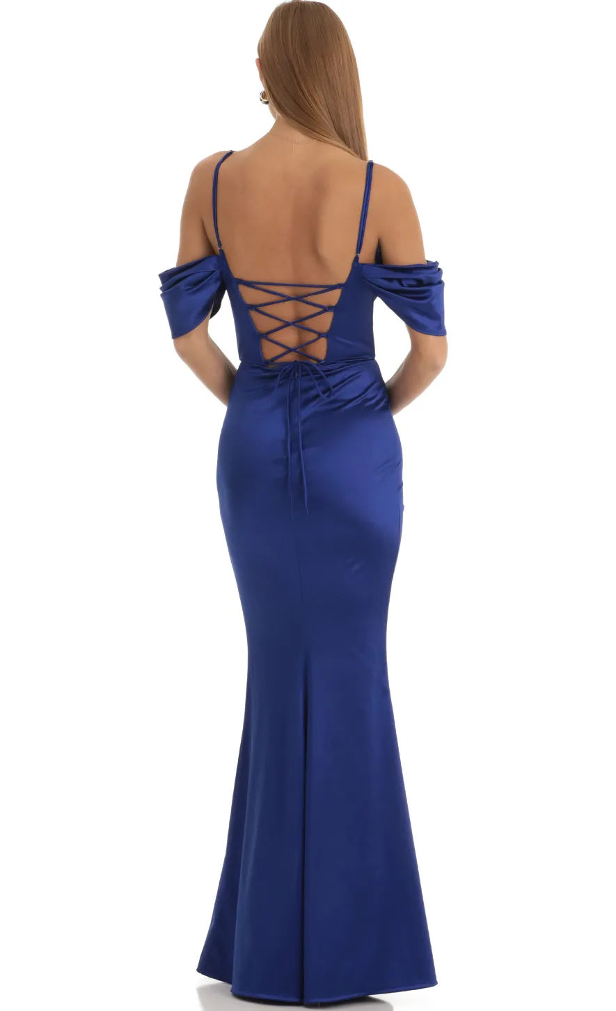 LUCY IN THE SKY Maxi Dresses^Ruched Satin Maxi Dress In Blue
