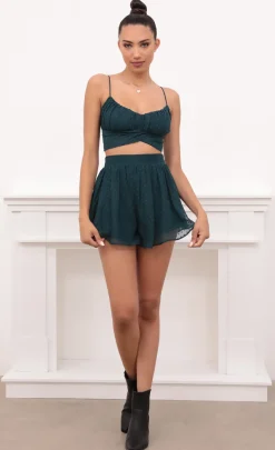 LUCY IN THE SKY Two-Piece Sets|Shorts^Ruched Set In Hunter Green Dotted Chiffon