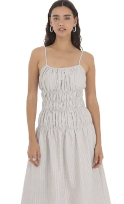 LUCY IN THE SKY Midi Dresses^Ruched Striped Midi Dress In Grey