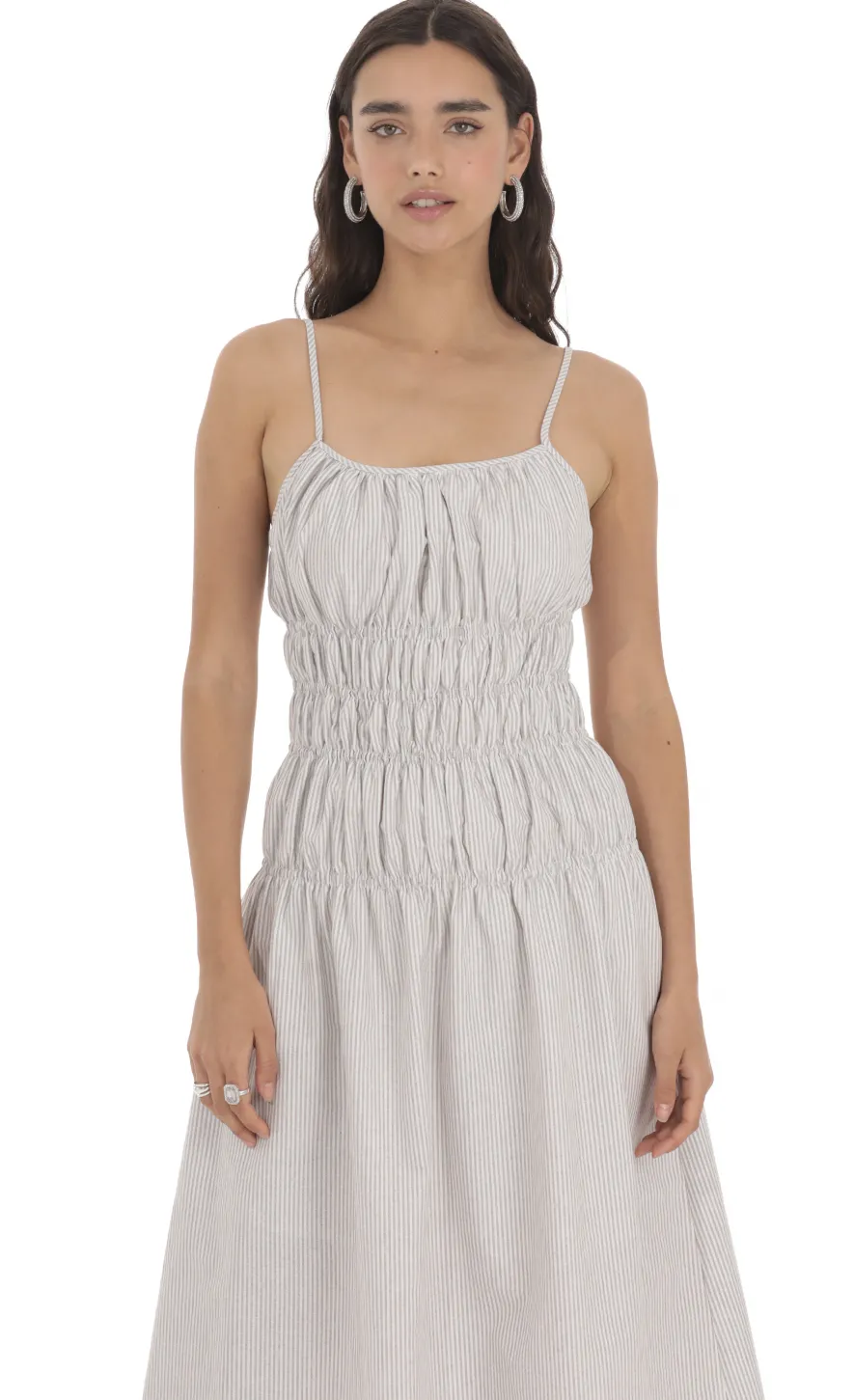 LUCY IN THE SKY Midi Dresses^Ruched Striped Midi Dress In Grey