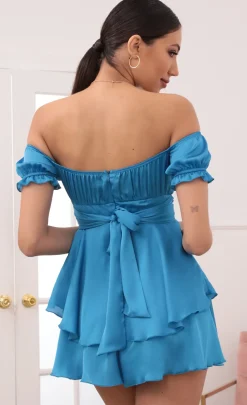 LUCY IN THE SKY Mini Dresses^Ruched Wrap Tie Romper In Satin Cyan