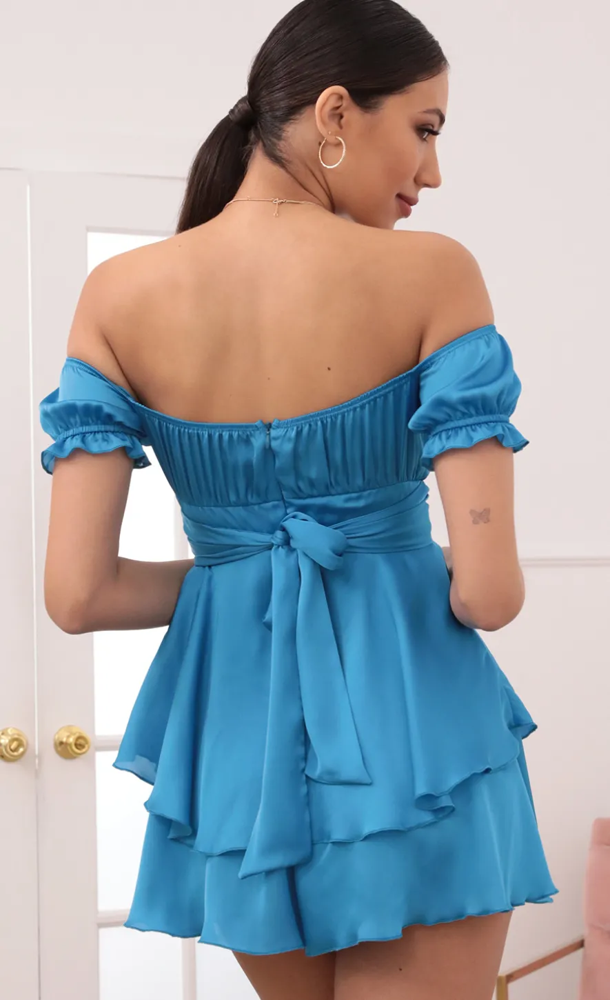 LUCY IN THE SKY Mini Dresses^Ruched Wrap Tie Romper In Satin Cyan