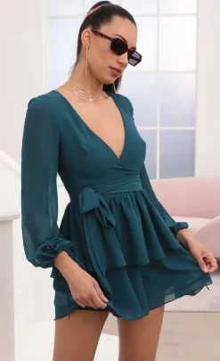 LUCY IN THE SKY Mini Dresses^Ruffled Romper In Hunter Green Chiffon