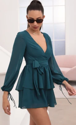 LUCY IN THE SKY Mini Dresses^Ruffled Romper In Hunter Green Chiffon
