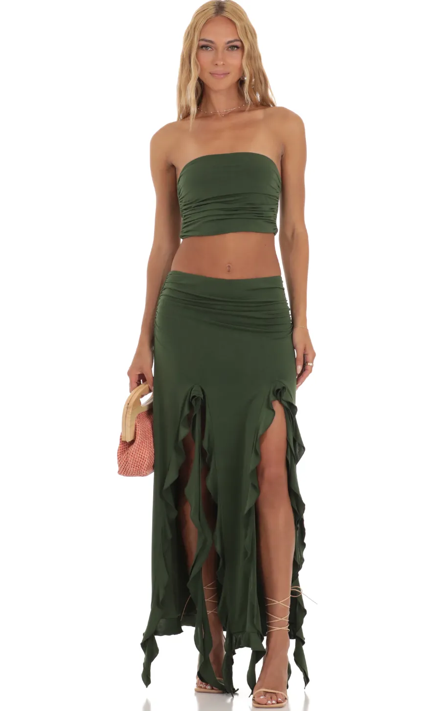 LUCY IN THE SKY Maxi Dresses|Tops^Ruffle Slit Two Piece Set In Green
