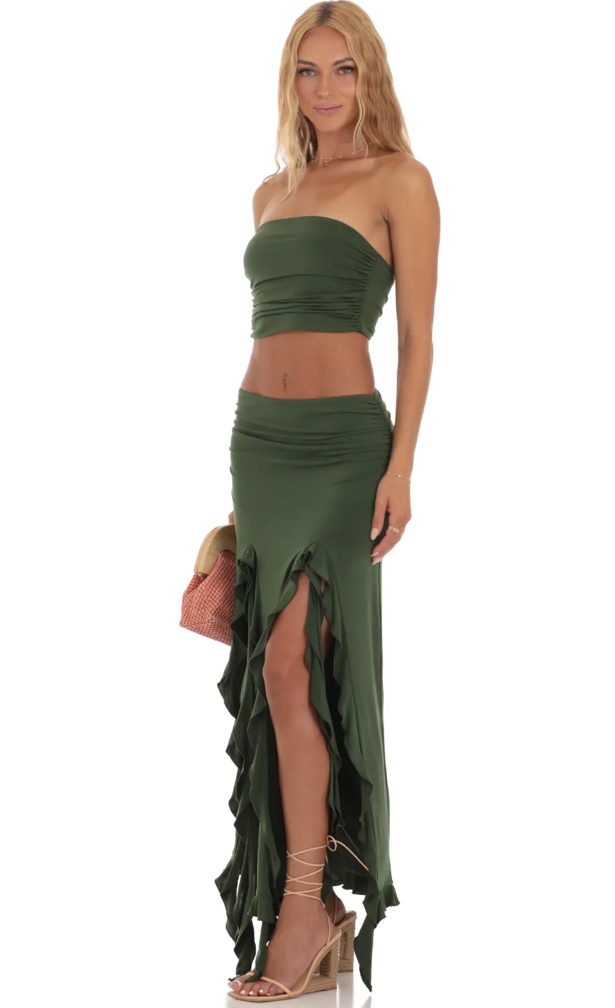 LUCY IN THE SKY Maxi Dresses|Tops^Ruffle Slit Two Piece Set In Green
