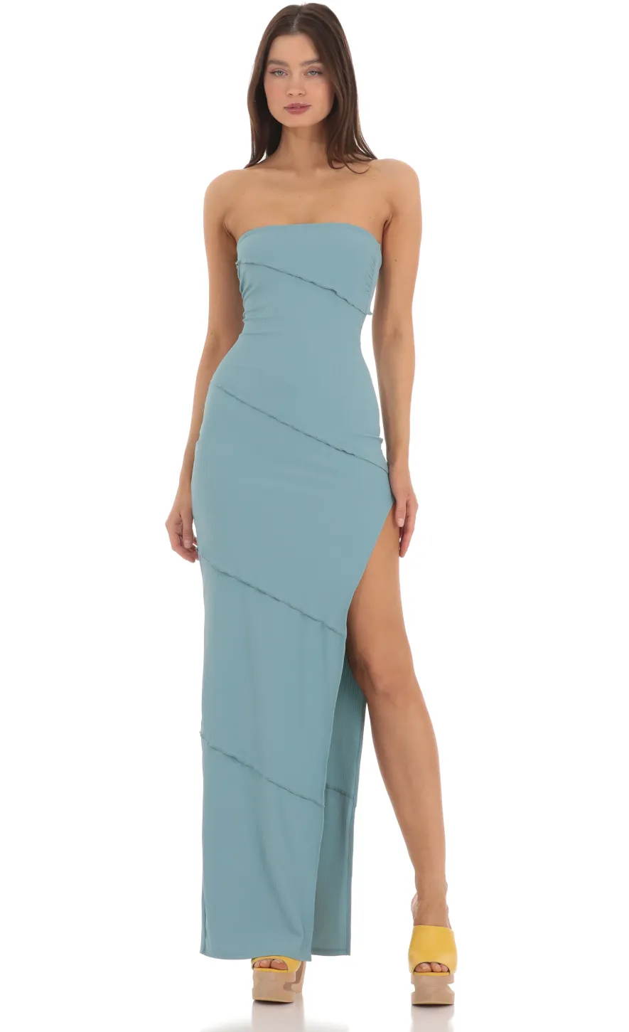 LUCY IN THE SKY Maxi Dresses^Ruffle Strapless Dress In Blue