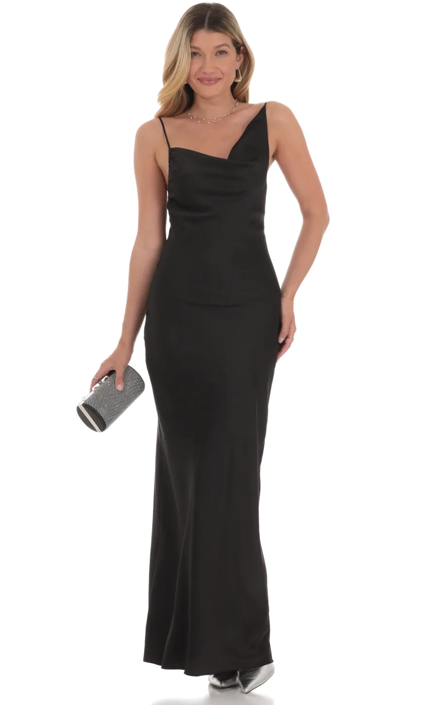 LUCY IN THE SKY Maxi Dresses^Satin Asymmetrical Cowl Neck Maxi Dress In Black