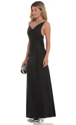 LUCY IN THE SKY Maxi Dresses^Satin Asymmetrical Cowl Neck Maxi Dress In Black