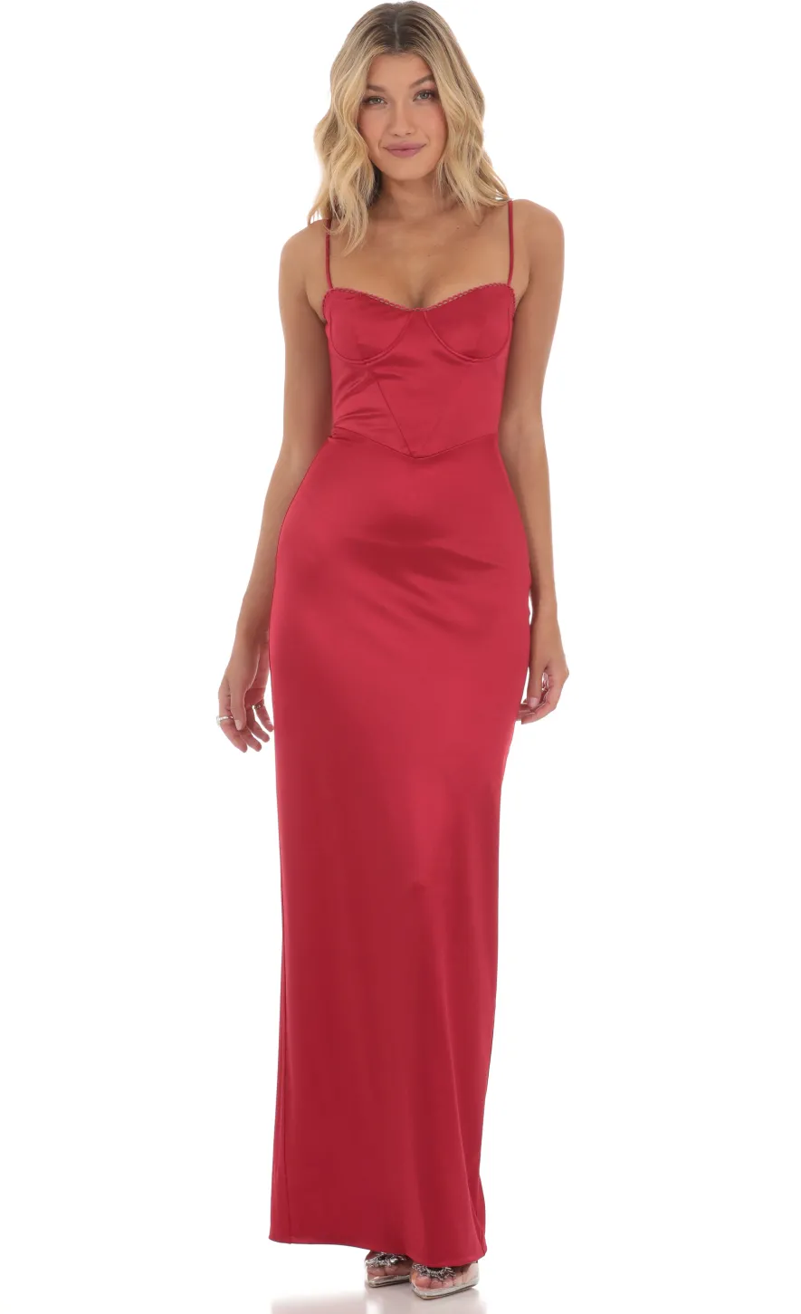 LUCY IN THE SKY Maxi Dresses^Satin Bodycon Maxi Dress In Red
