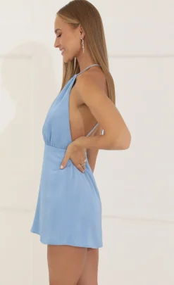 LUCY IN THE SKY Mini Dresses^Satin Crepe Halter Dress In Blue