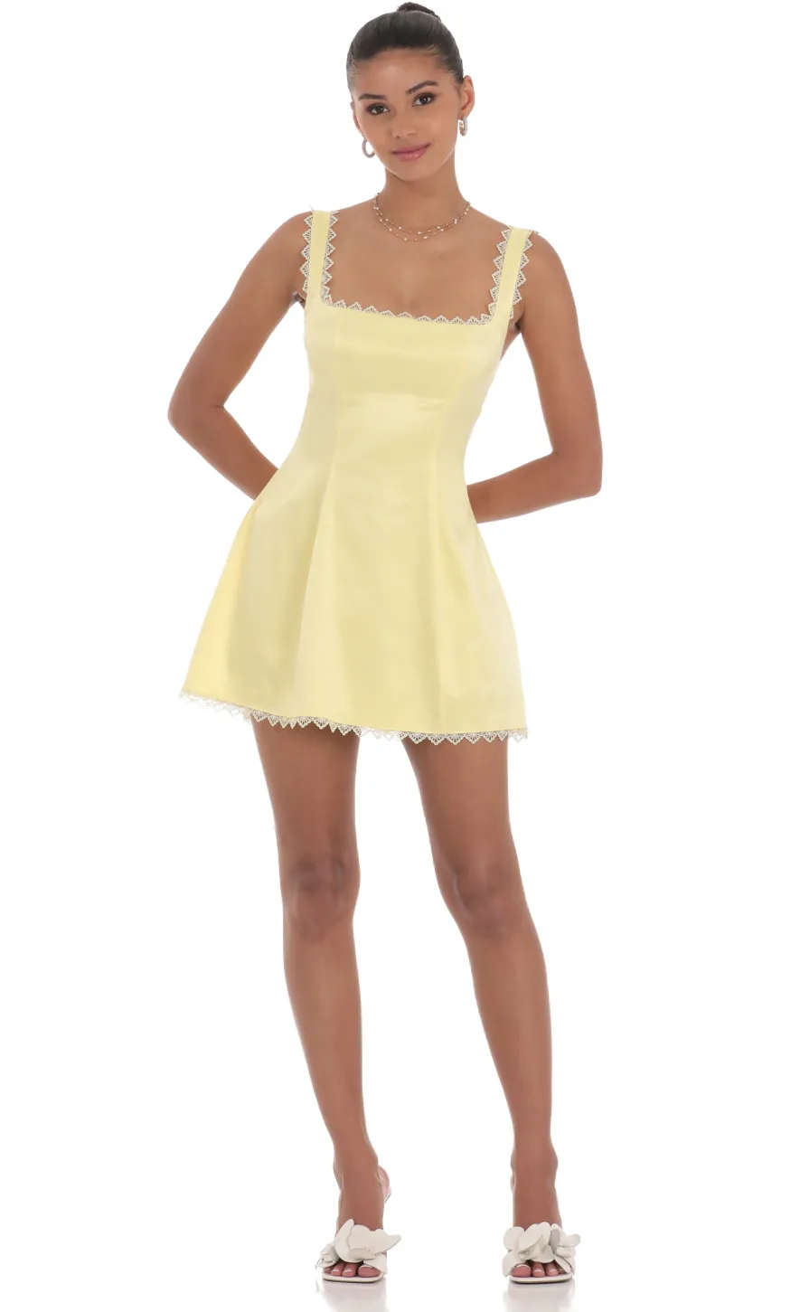 LUCY IN THE SKY Mini Dresses^Satin Embroidered Fit And Flare Dress In Yellow