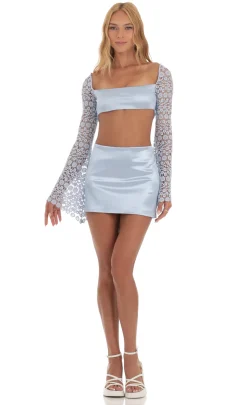 LUCY IN THE SKY Mini Dresses^Satin Embroidered Sleeve Two Piece Set In Blue