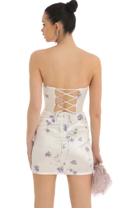 LUCY IN THE SKY Mini Dresses^Satin Floral Lace Strapless Dress In White