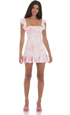 LUCY IN THE SKY Mini Dresses^Satin Floral Ruffle Mini Dress In White