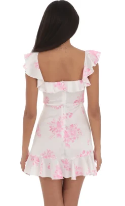 LUCY IN THE SKY Mini Dresses^Satin Floral Ruffle Mini Dress In White
