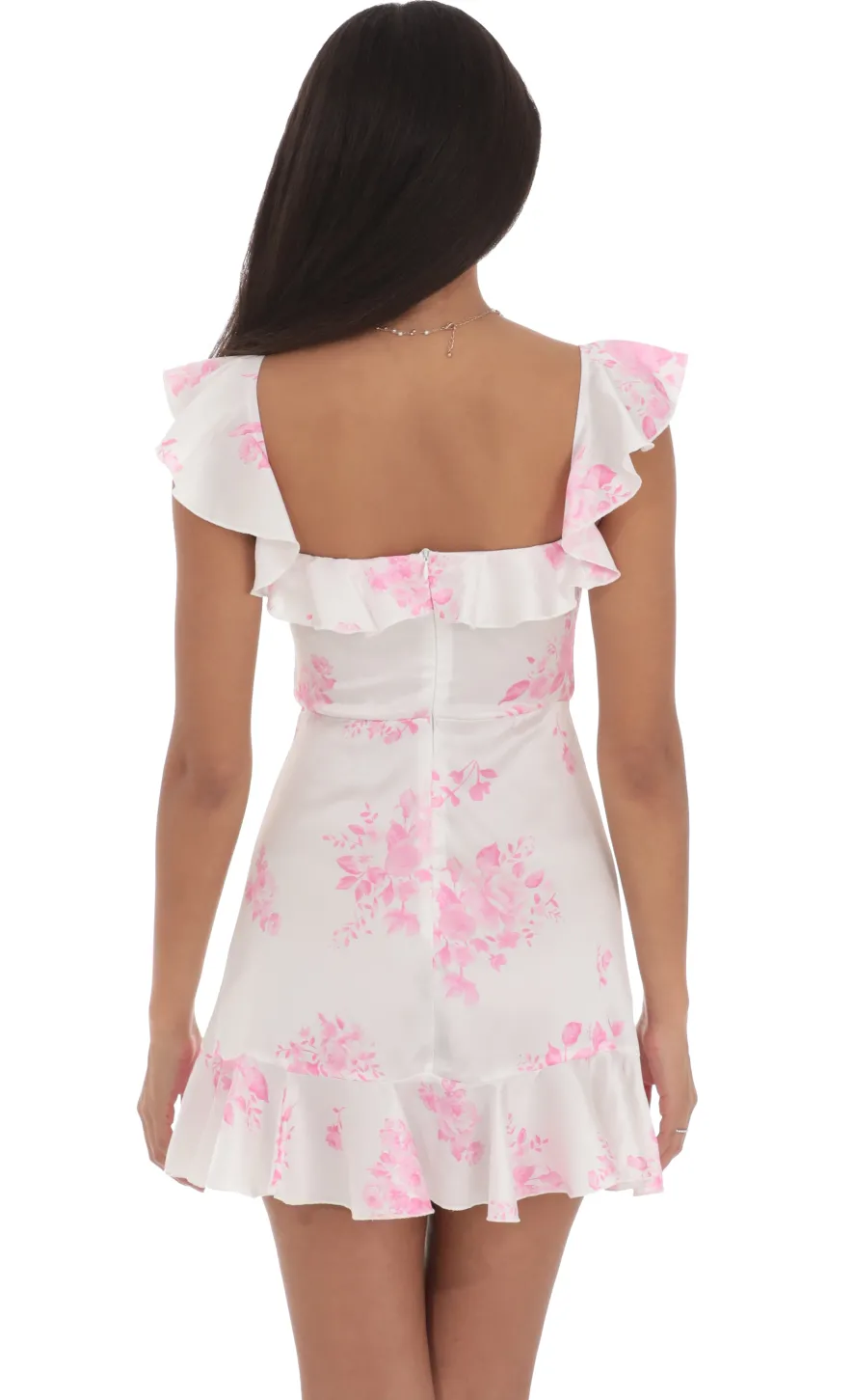 LUCY IN THE SKY Mini Dresses^Satin Floral Ruffle Mini Dress In White