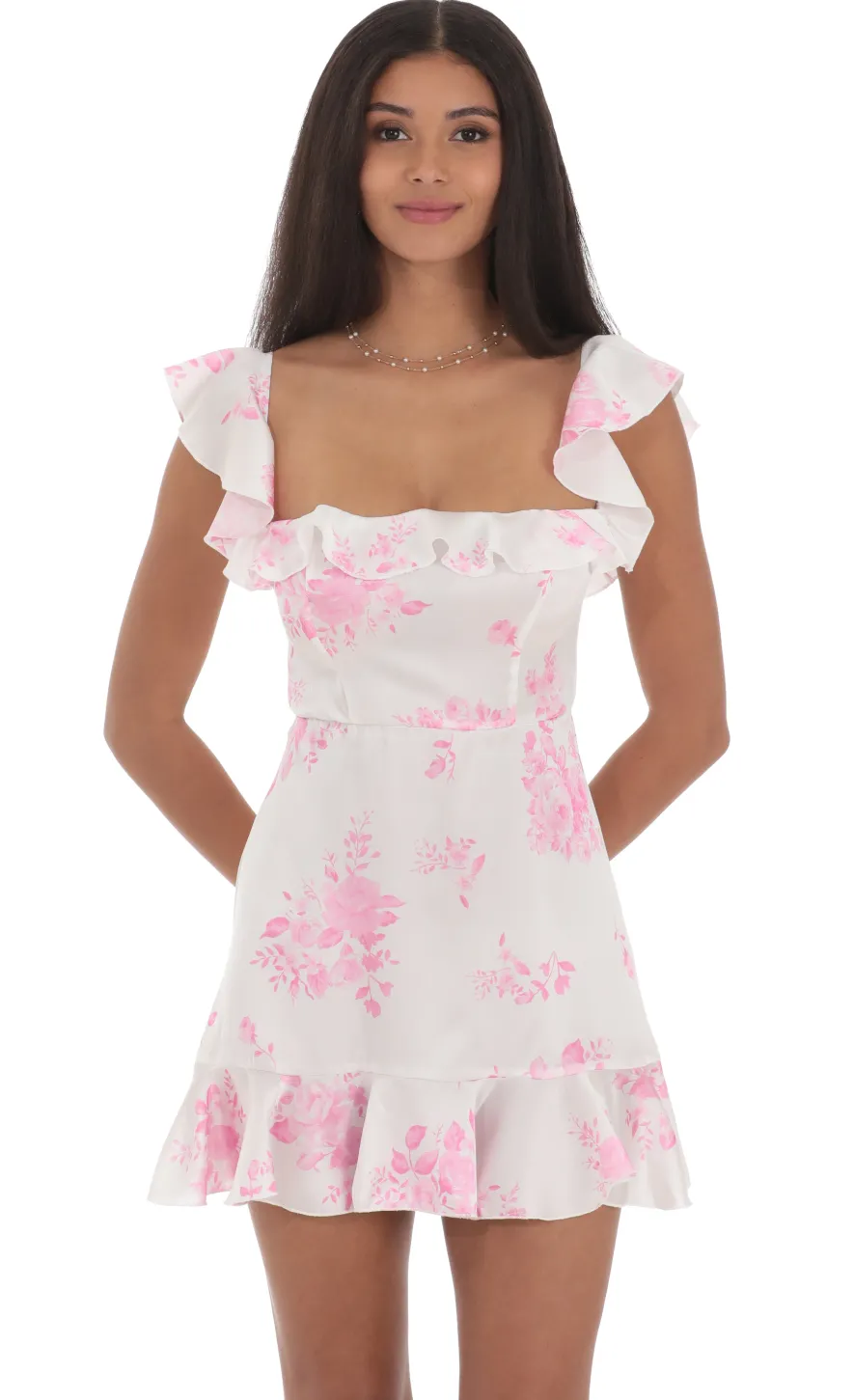 LUCY IN THE SKY Mini Dresses^Satin Floral Ruffle Mini Dress In White