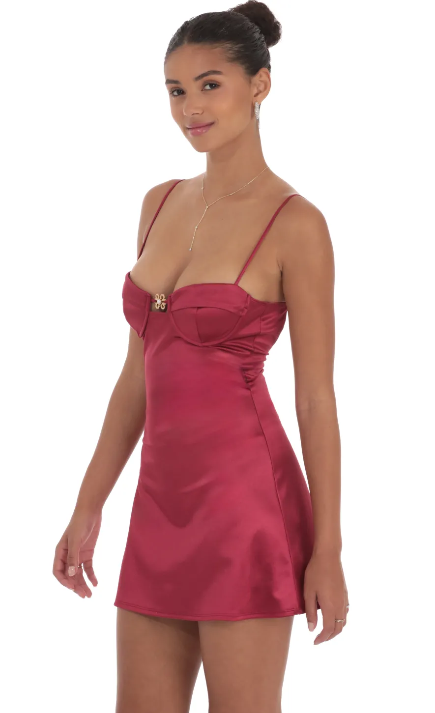 LUCY IN THE SKY Mini Dresses^Satin Front Hook Dress In Maroon