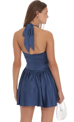 LUCY IN THE SKY Mini Dresses^Satin Halter A-line Dress In Slate Blue