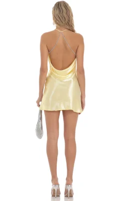 LUCY IN THE SKY Mini Dresses^Satin Halter Rhinestone Dress In Yellow