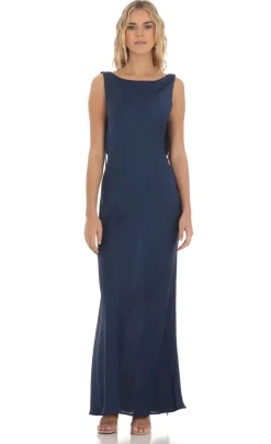 LUCY IN THE SKY Maxi Dresses^Satin High Neck Open Back Maxi Dress In Navy