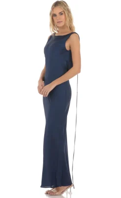 LUCY IN THE SKY Maxi Dresses^Satin High Neck Open Back Maxi Dress In Navy