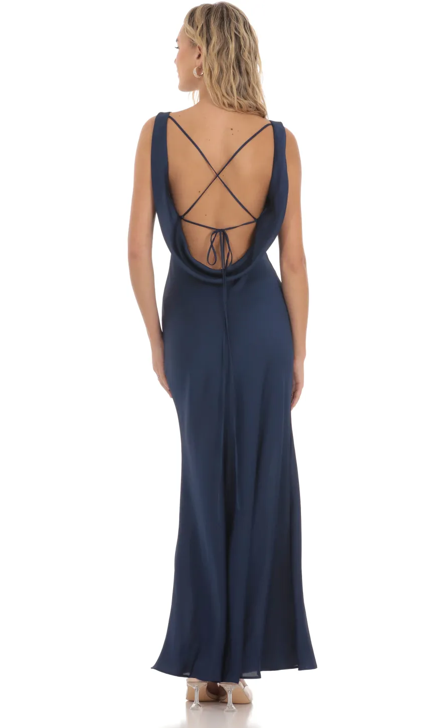 LUCY IN THE SKY Maxi Dresses^Satin High Neck Open Back Maxi Dress In Navy