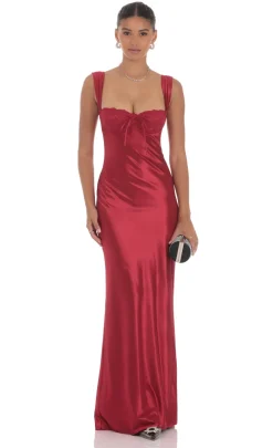 LUCY IN THE SKY Maxi Dresses^Satin Lace-Bust Dress In Red