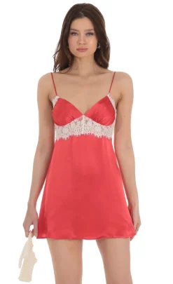 LUCY IN THE SKY Mini Dresses^Satin Lace Dress In Red