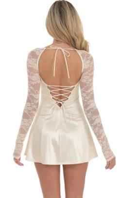 LUCY IN THE SKY Mini Dresses^Satin Lace Sleeve Dress In Yellow Cream