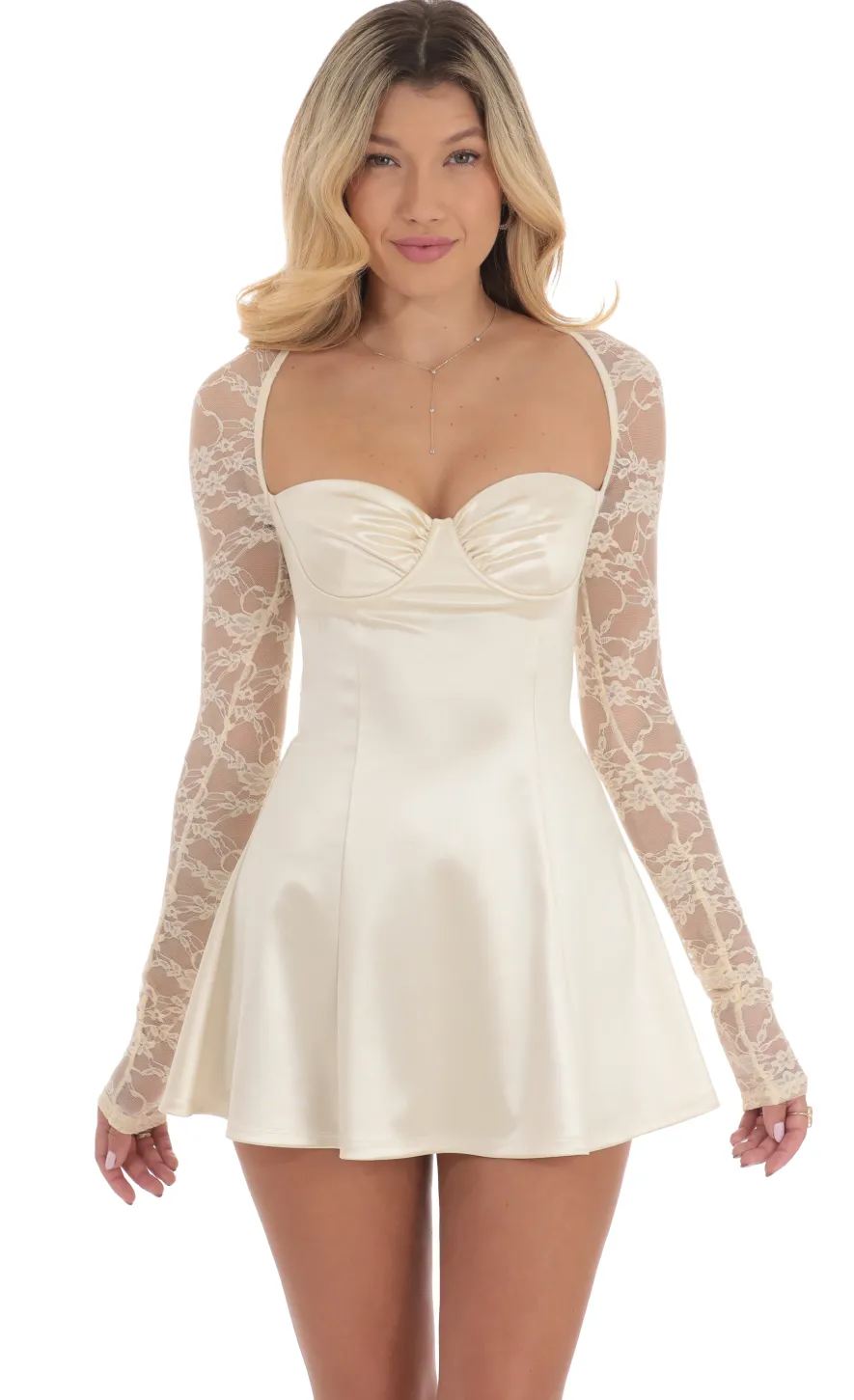 LUCY IN THE SKY Mini Dresses^Satin Lace Sleeve Dress In Yellow Cream