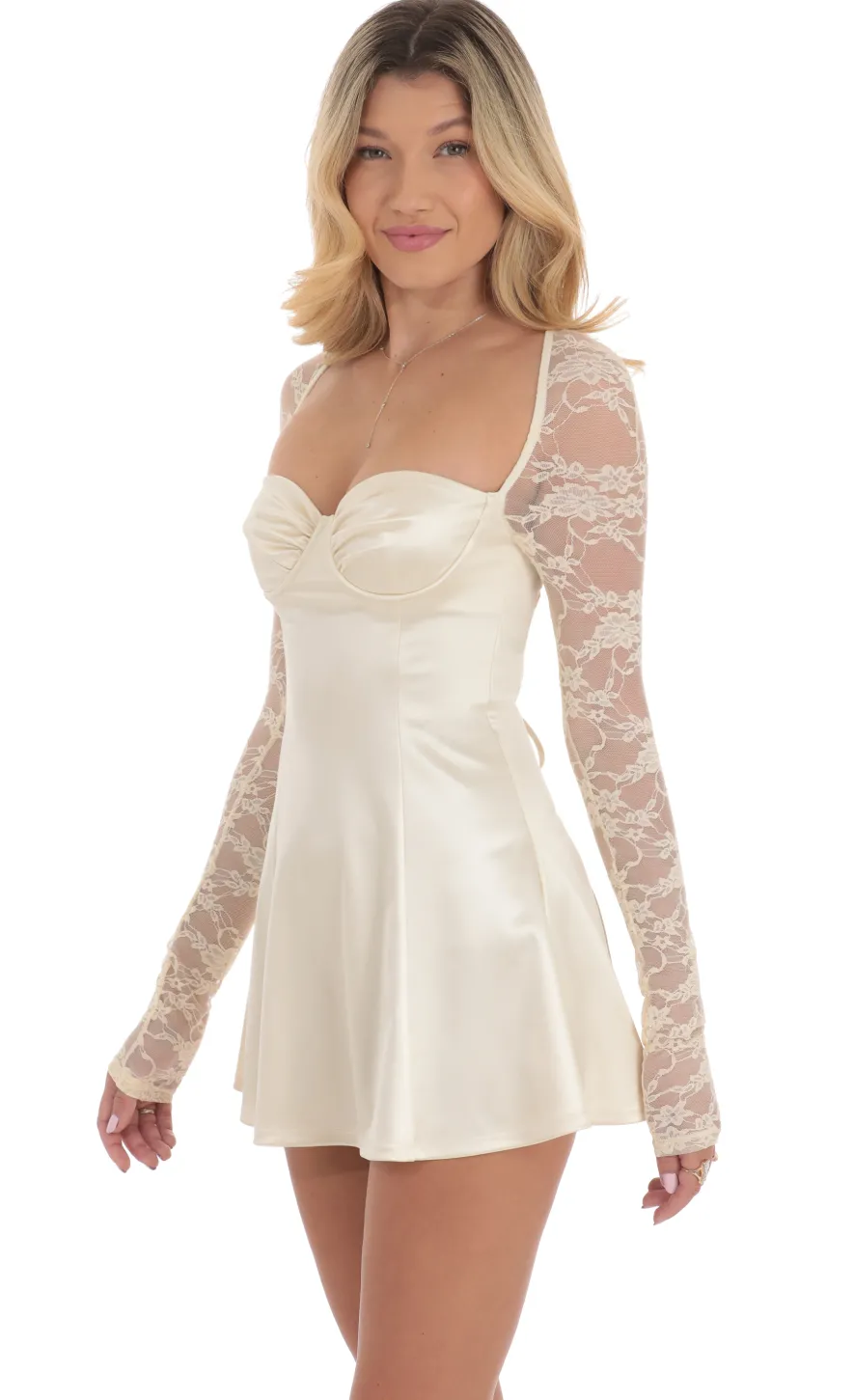 LUCY IN THE SKY Mini Dresses^Satin Lace Sleeve Dress In Yellow Cream