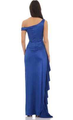 LUCY IN THE SKY Maxi Dresses^Satin Off Shoulder Maxi Dress In Blue