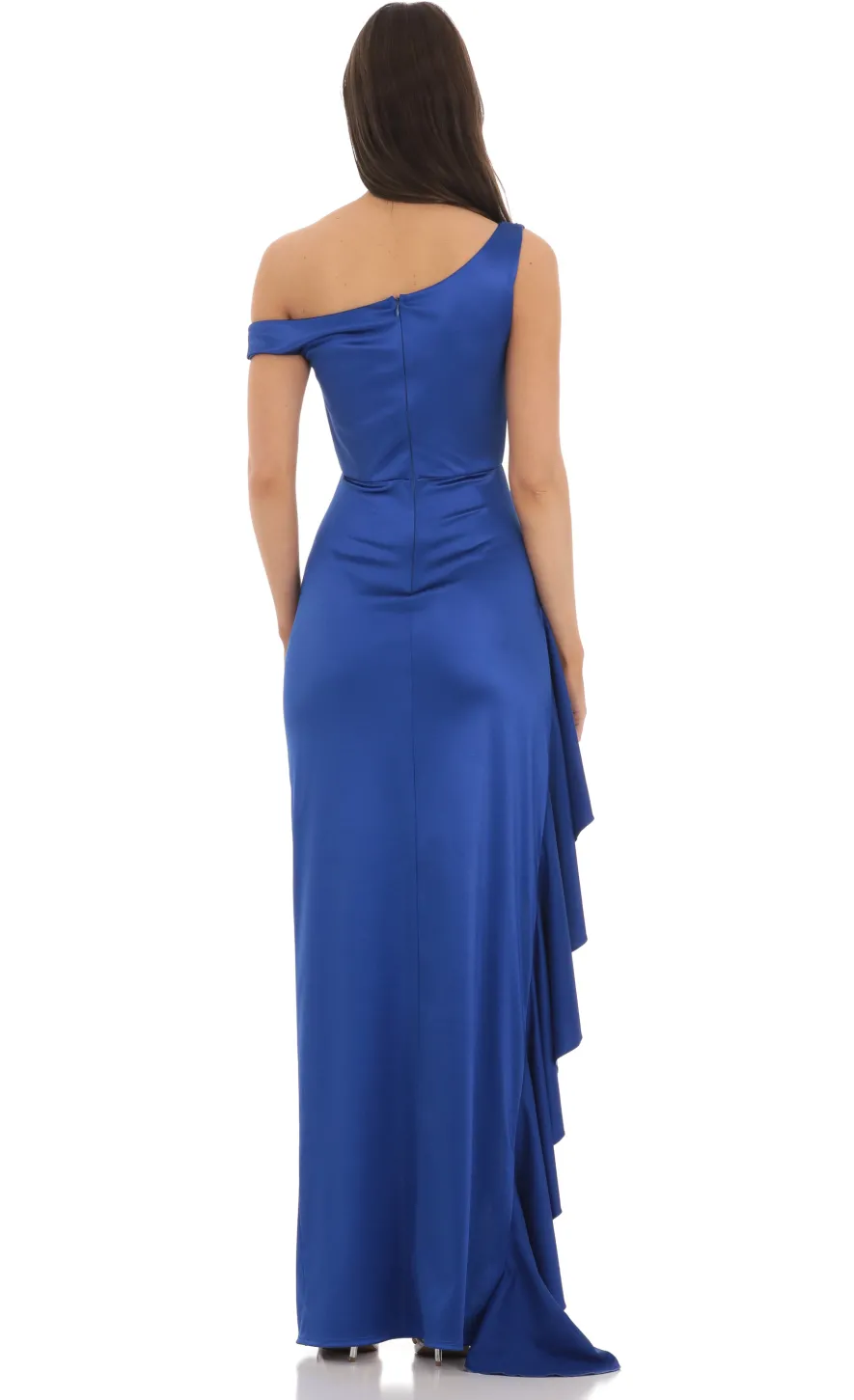 LUCY IN THE SKY Maxi Dresses^Satin Off Shoulder Maxi Dress In Blue
