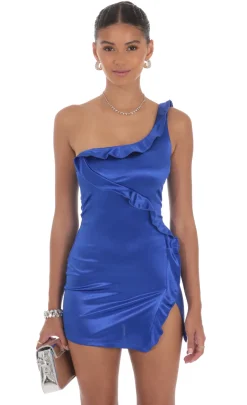 LUCY IN THE SKY Mini Dresses^Satin One Shoulder Dress In Blue
