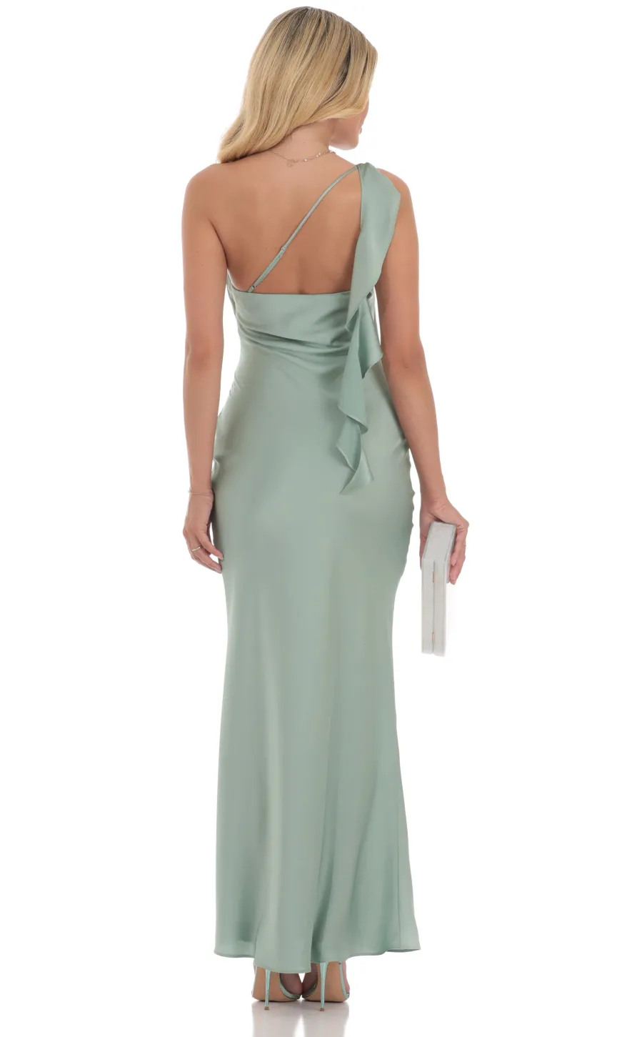 LUCY IN THE SKY Maxi Dresses^Satin One Shoulder Tassel Maxi Dress In Sage