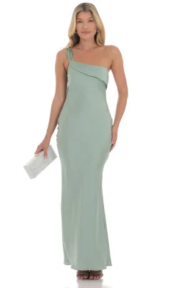 LUCY IN THE SKY Maxi Dresses^Satin One Shoulder Tassel Maxi Dress In Sage
