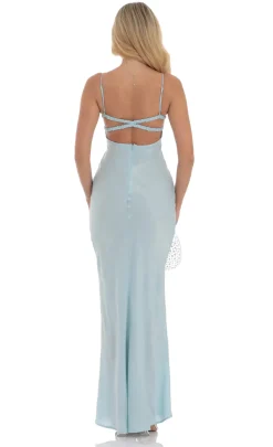 LUCY IN THE SKY Maxi Dresses^Satin Open Back Maxi Dress In Light Blue