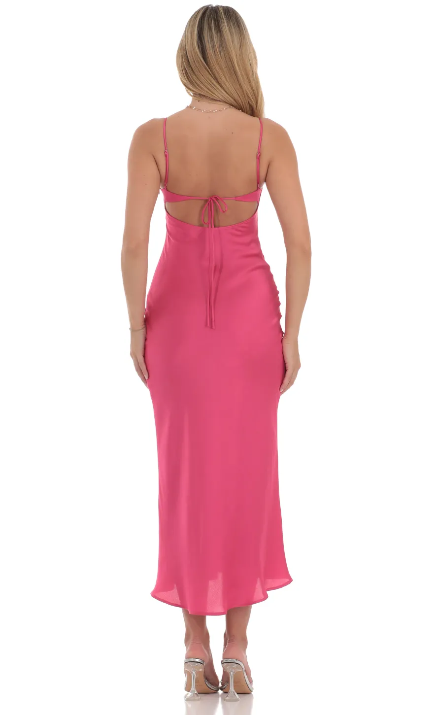 LUCY IN THE SKY Maxi Dresses^Satin Open Back Midi Dress In Hot Pink