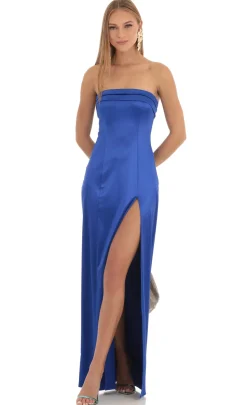 LUCY IN THE SKY Maxi Dresses^Satin Pleated Strapless Maxi Dress In Royal Blue