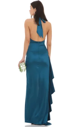 LUCY IN THE SKY Maxi Dresses^Satin Plunge Neck Halter Maxi Dress In Peacock Blue