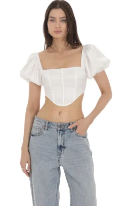 LUCY IN THE SKY Tops^Satin Puff Sleeve Corset Top In White