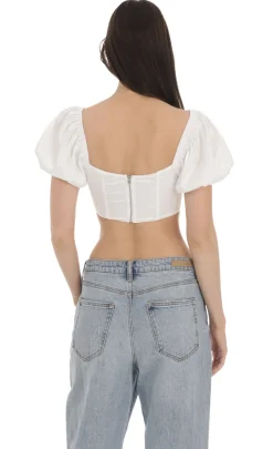 LUCY IN THE SKY Tops^Satin Puff Sleeve Corset Top In White