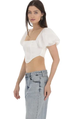 LUCY IN THE SKY Tops^Satin Puff Sleeve Corset Top In White