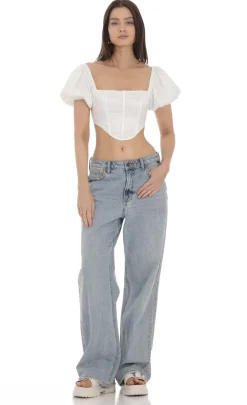 LUCY IN THE SKY Tops^Satin Puff Sleeve Corset Top In White