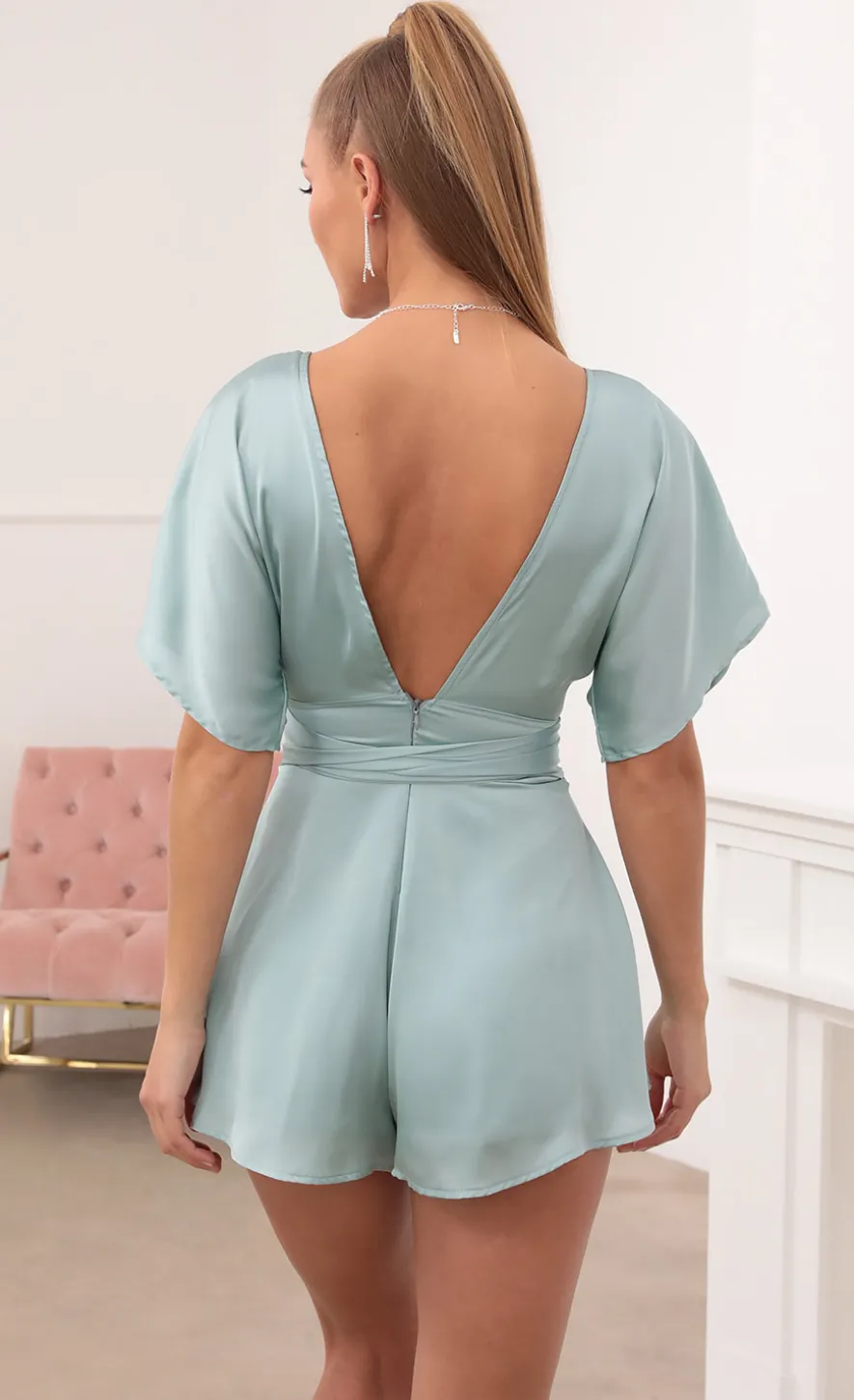 LUCY IN THE SKY Rompers^Satin Romper In Teal