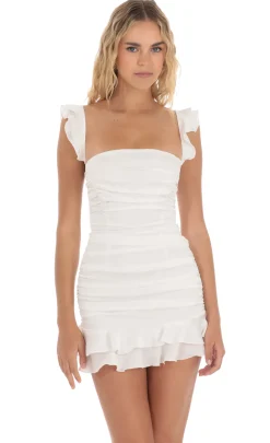 LUCY IN THE SKY Mini Dresses^Satin Ruched Ruffle Dress In White